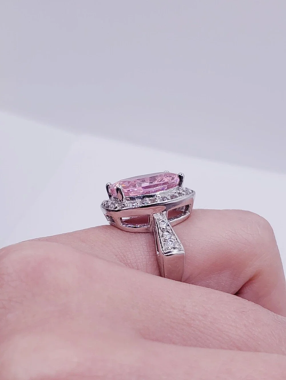 Pink Oval Halo Cocktail Ring in Silver Tone